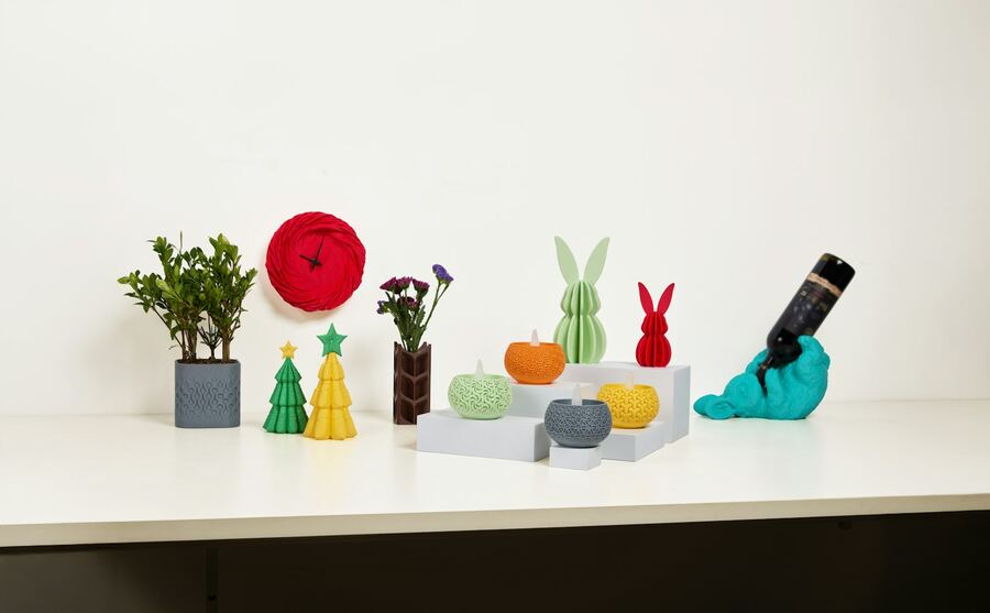 Row of colorful printed decor items