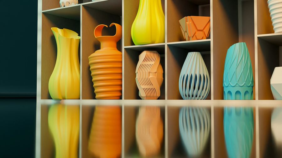 Shelf of colorful spiral vases