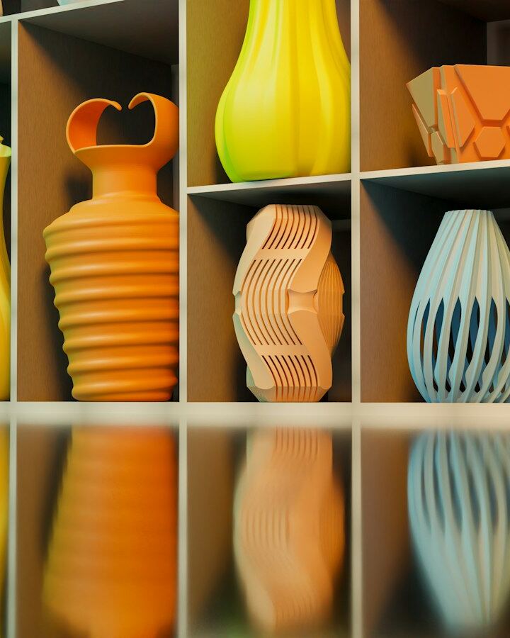 Shelf of colorful spiral 3D printed vases
