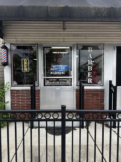 The Rustic Rooster Barber Co. storefront on Main Street, Columbia, IL